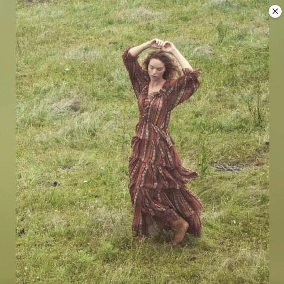 DÔEN Marlanna Silk Chiffon Boho Maxi Dress, Brown/Orange, Size XS, NWT - Picture 15 of 15